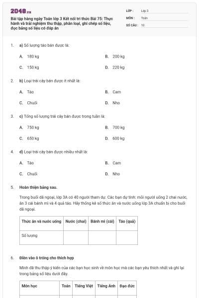 Bài tập hàng ngày Toán lớp 3 Kết nối tri thức Bài 75: Thực hành và trải nghiệm thu thập, phân loại, ghi chép số liệu, đọc bảng số liệu có đáp án