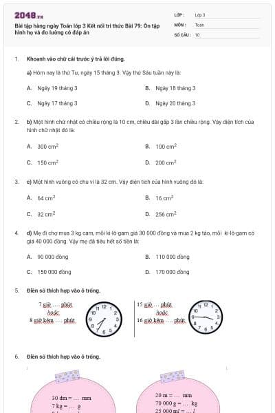 Bài tập hàng ngày Toán lớp 3 Kết nối tri thức Bài 79: Ôn tập hình họ và đo lường có đáp án