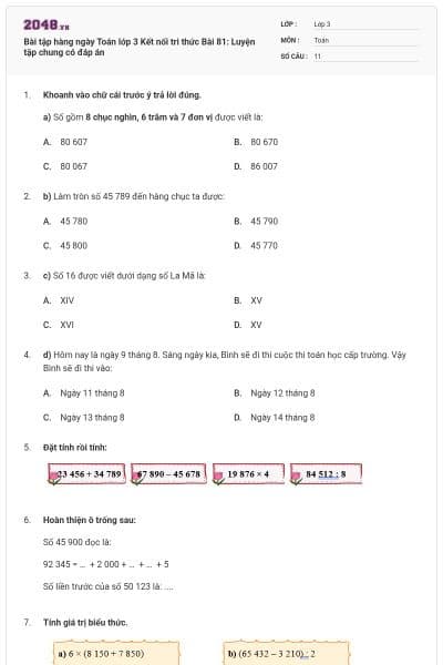 Bài tập hàng ngày Toán lớp 3 Kết nối tri thức Bài 81: Luyện tập chung có đáp án