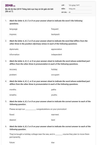Bộ đề thi thử 2019 Tiếng Anh cực hay có lời giải chi tiết (Đề số 7)