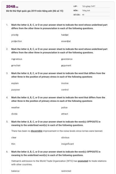 Đề thi thử thpt quốc gia 2019 môn tiếng anh (Đề số 15)