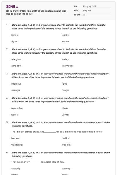 Đề thi thử THPTQG năm 2019 chuẩn cấu trúc của bộ giáo dục có đáp án (Đề số 13)