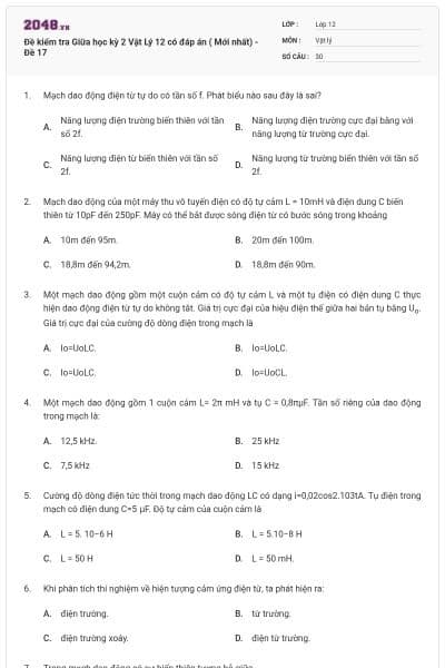 Đề kiểm tra Giữa học kỳ 2 Vật Lý 12 có đáp án ( Mới nhất) - Đề 17