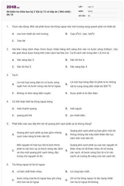 Đề kiểm tra Giữa học kỳ 2 Vật Lý 12 có đáp án ( Mới nhất) - Đề 18