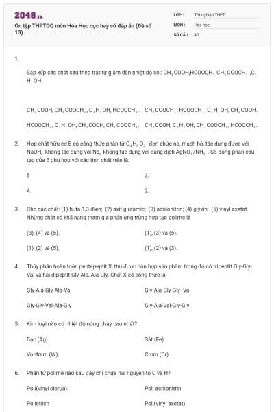 Ôn tập THPTGQ môn Hóa Học cực hay có đáp án (Đề số 13)