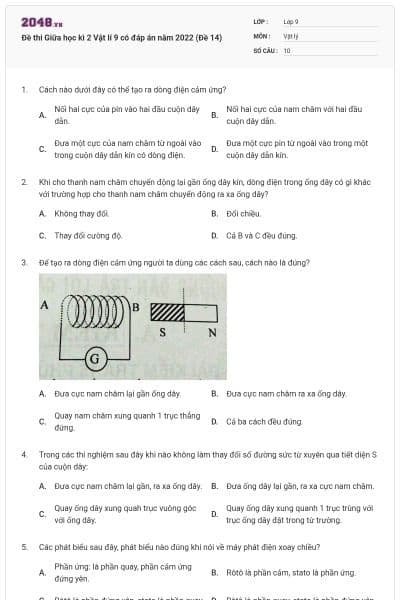 Đề thi Giữa học kì 2 Vật lí 9 có đáp án năm 2022 (Đề 14)