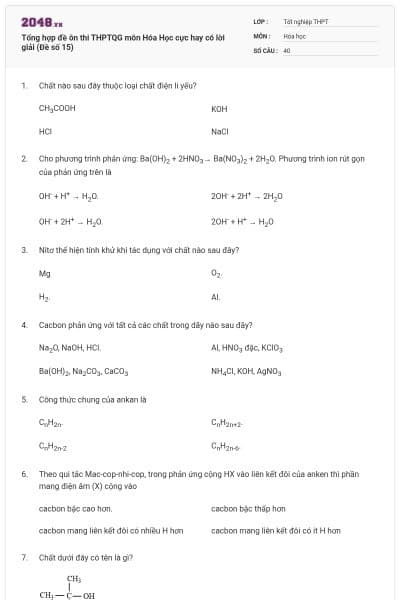 Tổng hợp đề ôn thi THPTQG môn Hóa Học cực hay có lời giải (Đề số 15)