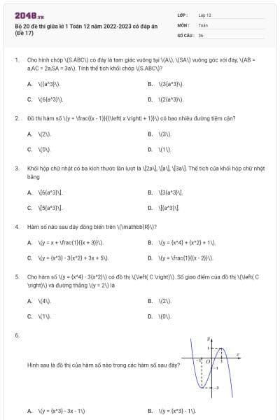 Bộ 20 đề thi giữa kì 1 Toán 12 năm 2022-2023 có đáp án (Đề 17)