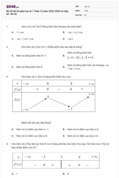 Bộ 20 đề thi giữa học kì 1 Toán 12 năm 2022-2023 có đáp án- Đề 20
