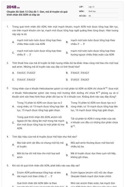 Chuyên đề Sinh 12 Chủ đề 1: Gen, mã di truyền và quá trình nhân đôi ADN có đáp án