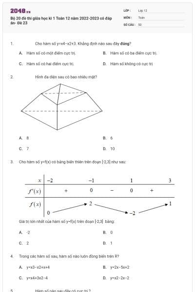 Bộ 20 đề thi giữa học kì 1 Toán 12 năm 2022-2023 có đáp án- Đề 23