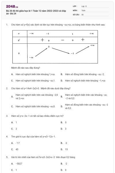 Bộ 20 đề thi giữa học kì 1 Toán 12 năm 2022-2023 có đáp án- Đề 24