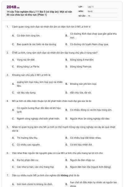 14 câu Trắc nghiệm Địa Lí 11 Bài 5 (có đáp án): Một số vấn đề của châu lục và khu vực (Phần 1)