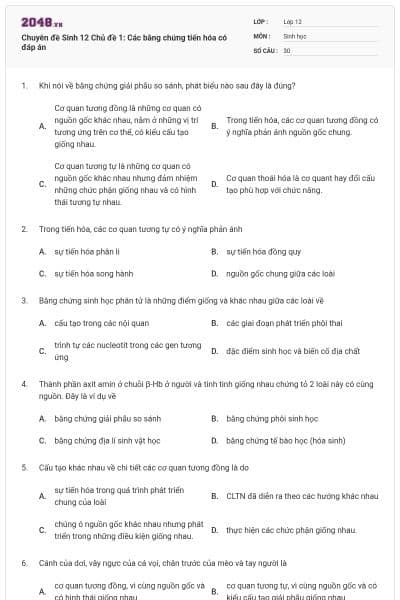 Chuyên đề Sinh 12 Chủ đề 1: Các bằng chứng tiến hóa có đáp án