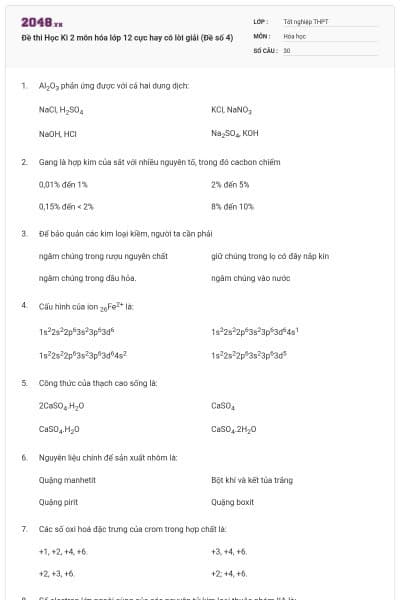 Đề thi Học Kì 2 môn hóa lớp 12 cực hay có lời giải (Đề số 4)