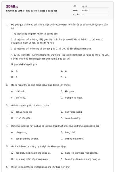 Chuyên đề Sinh 11 Chủ đề 10: Hô hấp ở động vật