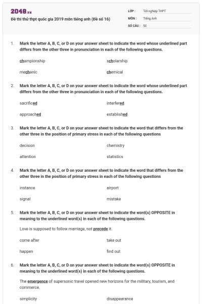 Đề thi thử thpt quốc gia 2019 môn tiếng anh (Đề số 16)