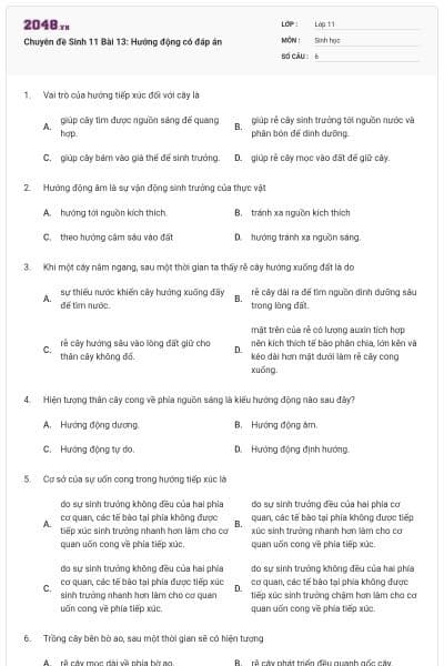 Chuyên đề Sinh 11 Bài 13: Hướng động có đáp án