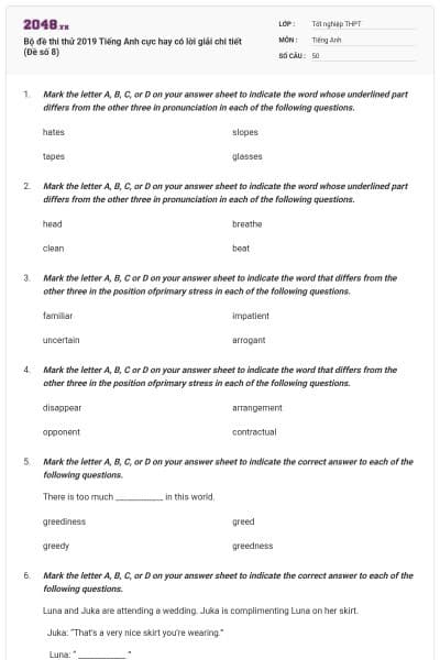 Bộ đề thi thử 2019 Tiếng Anh cực hay có lời giải chi tiết (Đề số 8)