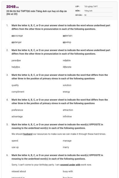 20 Đề thi thử THPTQG môn Tiếng Anh cực hay có đáp án (Đề số 20)