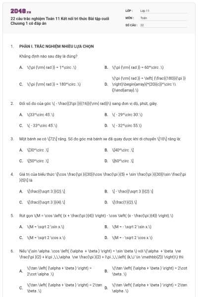 22 câu trắc nghiệm Toán 11 Kết nối tri thức Bài tập cuối Chương 1 có đáp án