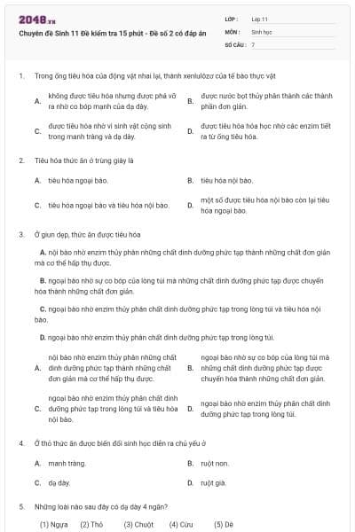 Chuyên đề Sinh 11 Đề kiểm tra 15 phút - Đề số 2 có đáp án