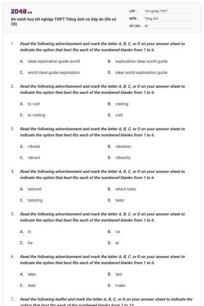 Đề minh họa tốt nghiệp THPT Tiếng Anh có đáp án (Đề số 28)
