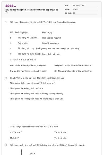 230 Bài tập thí nghiệm Hóa Học cực hay có đáp án(Đề số 7)