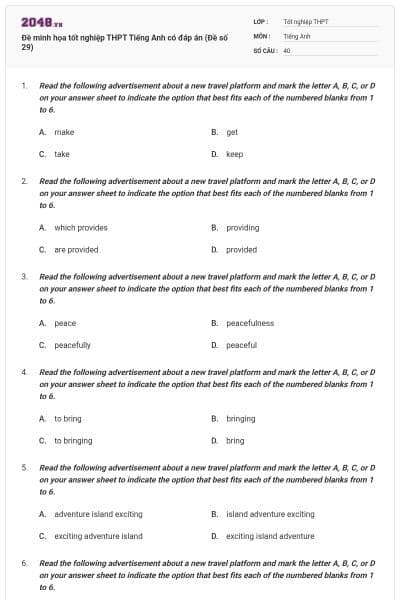 Đề minh họa tốt nghiệp THPT Tiếng Anh có đáp án (Đề số 29)