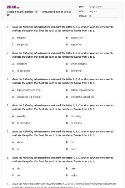 Đề minh họa tốt nghiệp THPT Tiếng Anh có đáp án (Đề số 30)