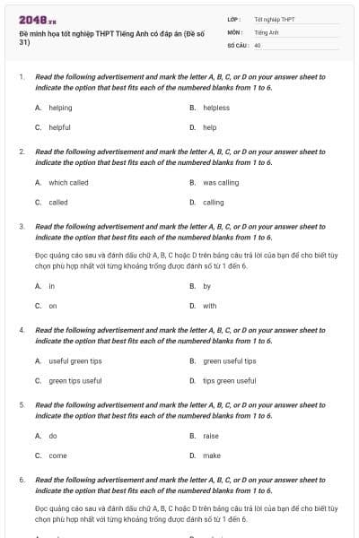 Đề minh họa tốt nghiệp THPT Tiếng Anh có đáp án (Đề số 31)