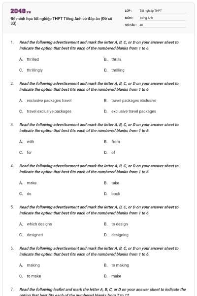 Đề minh họa tốt nghiệp THPT Tiếng Anh có đáp án (Đề số 33)
