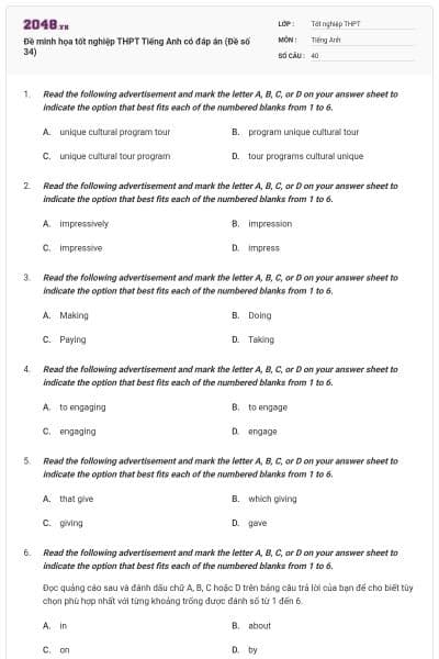 Đề minh họa tốt nghiệp THPT Tiếng Anh có đáp án (Đề số 34)