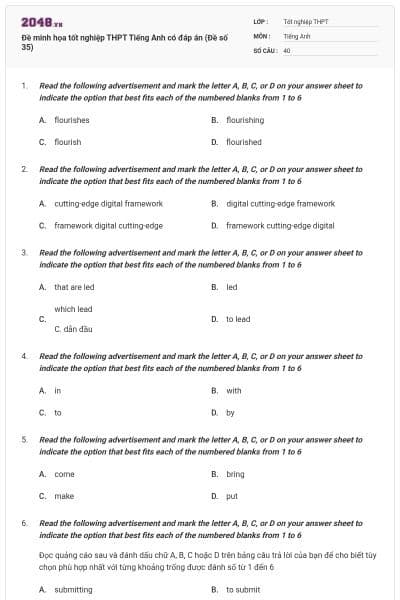Đề minh họa tốt nghiệp THPT Tiếng Anh có đáp án (Đề số 35)