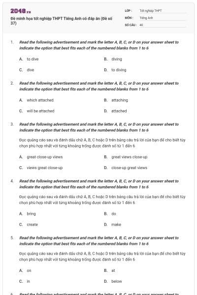 Đề minh họa tốt nghiệp THPT Tiếng Anh có đáp án (Đề số 37)