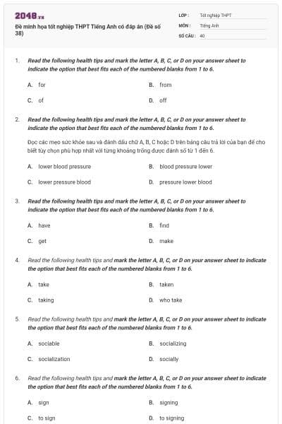Đề minh họa tốt nghiệp THPT Tiếng Anh có đáp án (Đề số 38)