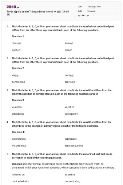 Tuyển tập đề thi thử Tiếng Anh cực hay có lời giải (Đề số 19)