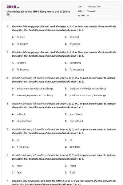 Đề minh họa tốt nghiệp THPT Tiếng Anh có đáp án (Đề số 39)