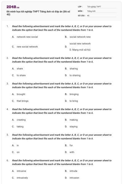 Đề minh họa tốt nghiệp THPT Tiếng Anh có đáp án (Đề số 40)