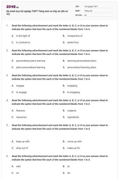 Đề minh họa tốt nghiệp THPT Tiếng Anh có đáp án (Đề số 42)
