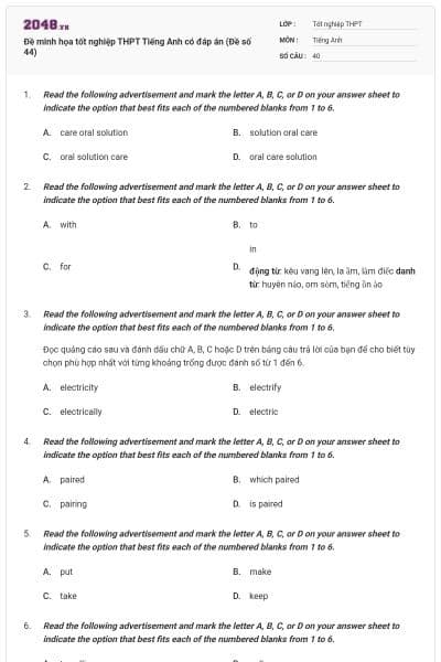 Đề minh họa tốt nghiệp THPT Tiếng Anh có đáp án (Đề số 44)