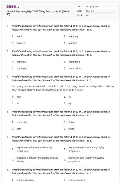 Đề minh họa tốt nghiệp THPT Tiếng Anh có đáp án (Đề số 45)