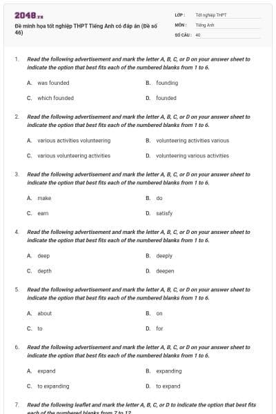 Đề minh họa tốt nghiệp THPT Tiếng Anh có đáp án (Đề số 46)