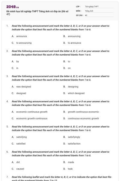 Đề minh họa tốt nghiệp THPT Tiếng Anh có đáp án (Đề số 47)
