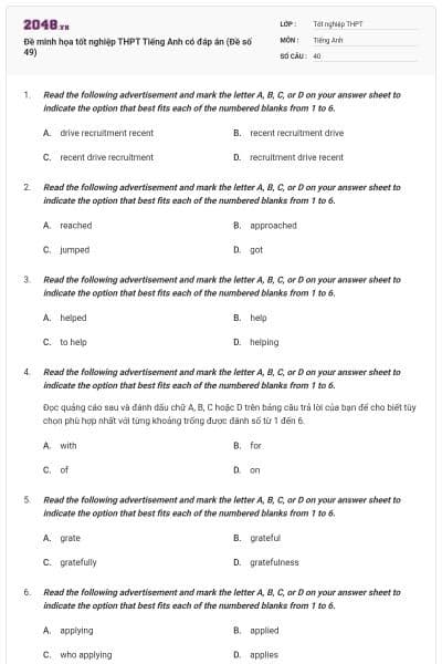Đề minh họa tốt nghiệp THPT Tiếng Anh có đáp án (Đề số 49)