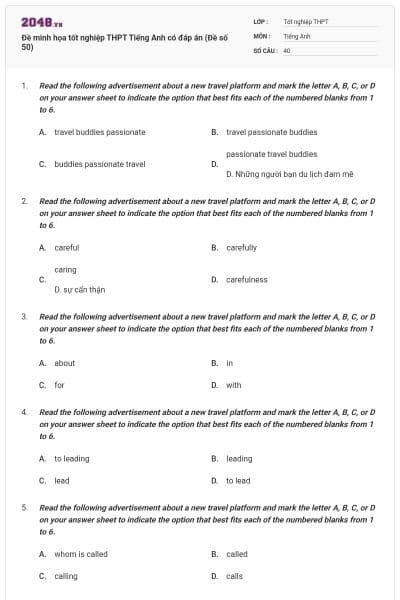 Đề minh họa tốt nghiệp THPT Tiếng Anh có đáp án (Đề số 50)