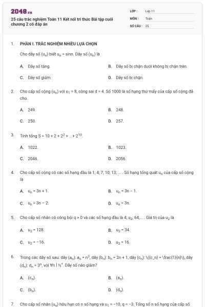 25 câu trắc nghiệm Toán 11 Kết nối tri thức Bài tập cuối chương 2 có đáp án