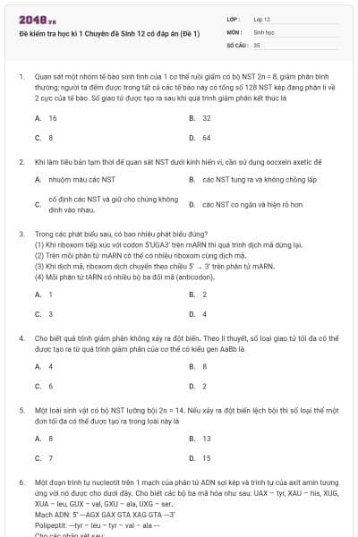 Đề kiểm tra học kì 1 Chuyên đề Sinh 12 có đáp án (Đề 1)