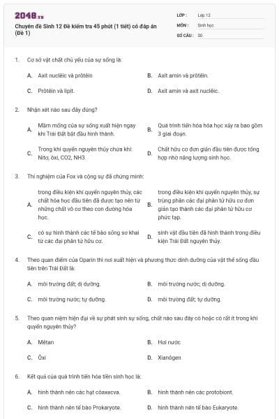 Chuyên đề Sinh 12 Đề kiểm tra 45 phút (1 tiết) có đáp án (Đề 1)