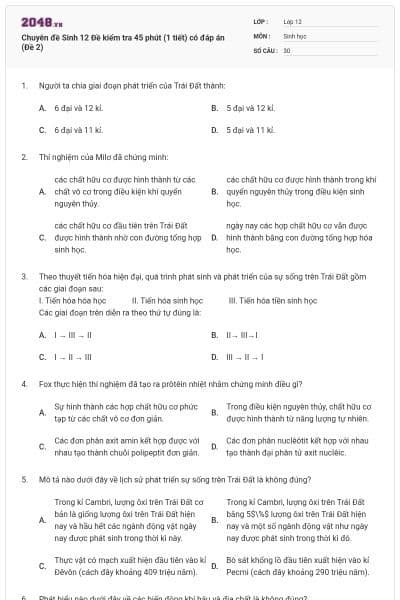 Chuyên đề Sinh 12 Đề kiểm tra 45 phút (1 tiết) có đáp án (Đề 2)